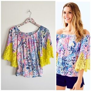 LILLY PULITZER Off Shoulder Zaylee Top XS So Sofishticated Print Yellow Lace